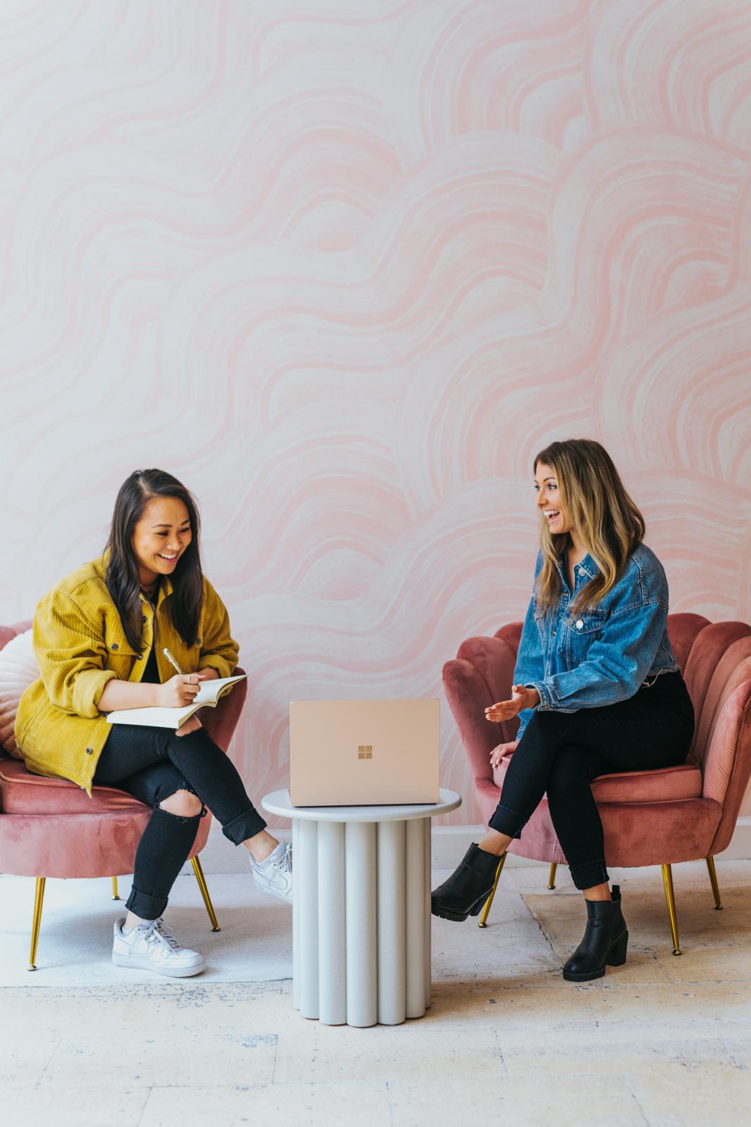 Two women in conversation on pink armchairs